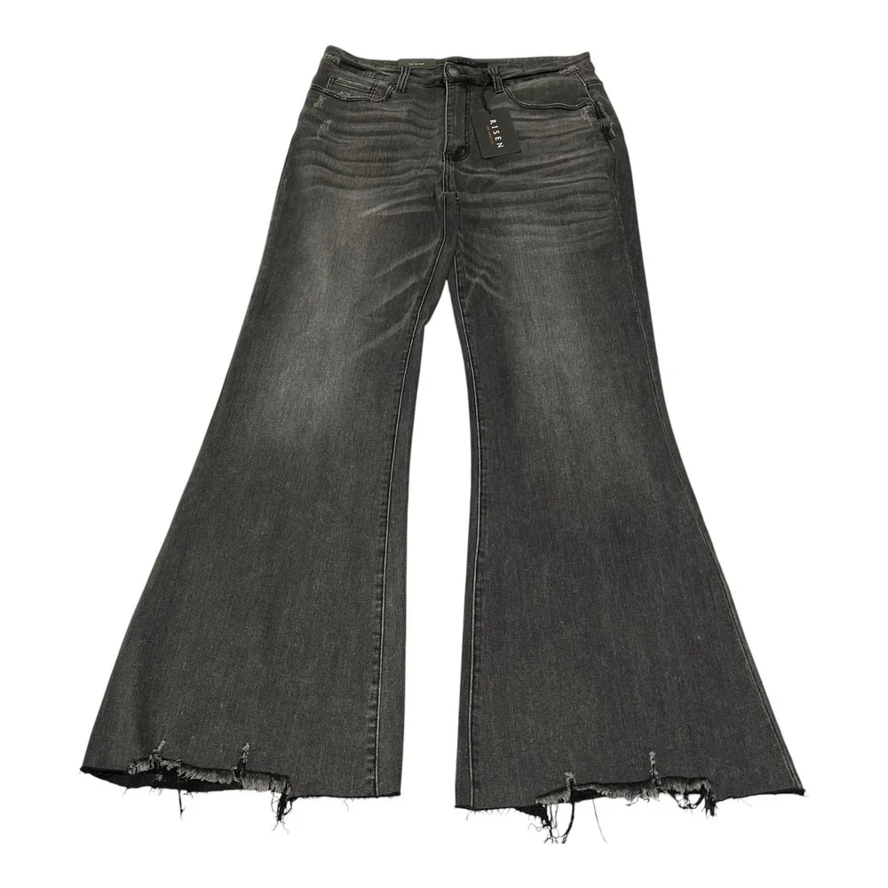 NWT Risen Womens 1XL Flare Jeans Black Acid Wash High Rise Raw Hem Stretch Denim